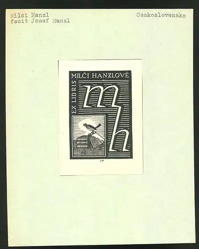 Exlibris von Josef Hanzl für Milci Hanzl, Vogel auf Bücherstapel, Initialien