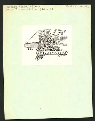 Exlibris von Viktor Fixl für Ludmila Kratochvilova, Buch und Blumenstrauss