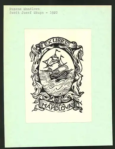 Exlibris von Josef Skupa fr Ruzena Mandlova, Segelschiff in gerahmter Ansicht