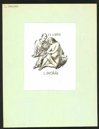 Exlibris L. Dvorak, Mann liest ein Buch, Mutter mit entblöster Brust & Baby