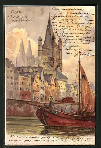 Künstler-AK C. Pfaff: Köln, St. Martin vom Rheinufer aus