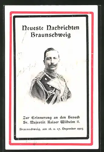 AK Braunschweig, Portrait des Kaiser Wilhelm II. als Erinnerung an den Besuch 1905