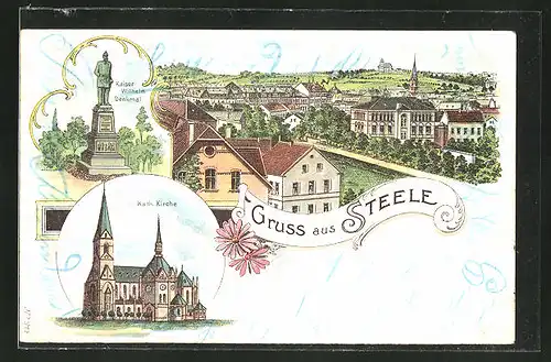 Lithographie Steele, Kaiser Wilhelm Denkmal, Kath. Kirche, Ortsansicht