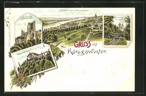 Lithographie Königswinter, Restaurant a. d. Drachenfels, Zahnradbahn Drachenfels, Ruine Drachenfels, Ortsansicht