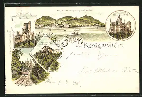 Lithographie Königswinter, Restaurant a. d. Drachenfels, Ruine Drachenfels, Zahnradbahn, Schloss Drachenburg