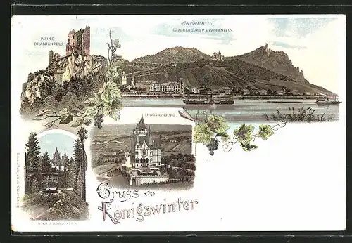 Lithographie Königswinter, Ruine Drachenfels, Zahnradbahn nach d. Drachenfels, Drachenburg, Totalansicht