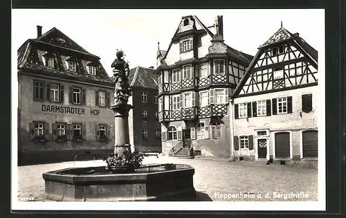 AK Heppenheim a.d. Bergstr., Marktplatz mit Brunnen, Apotheke und Gaststätte Darmstädter Hof