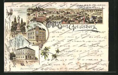 Lithographie Gevelsberg, Gasthof zum Deutschen Kaiser, Kaiser-Denkmal, Post, Ortsansicht