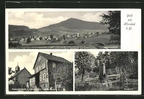 AK Allendorf, Gesamtansicht, Gasthaus und Lebensmittel v. Wilh. Jacobi und Ehrenmal