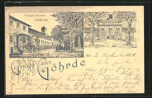 Vorläufer-Lithographie Göhrde, 1898, Ansicht vom Gasthaus Jagdschloss Göhre, Blick auf das Jagdschloss