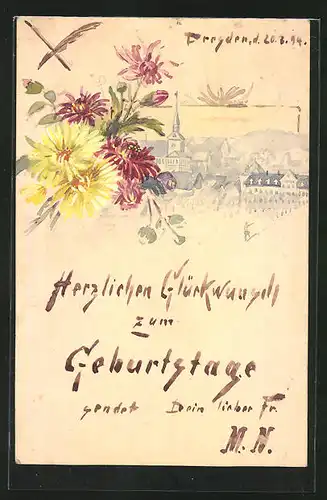 Künstler-AK Handgemalt: Teilansicht einer Stadt, Bunter Blumenstrauss, Geburtstagsglückwunsch, Ganzsache