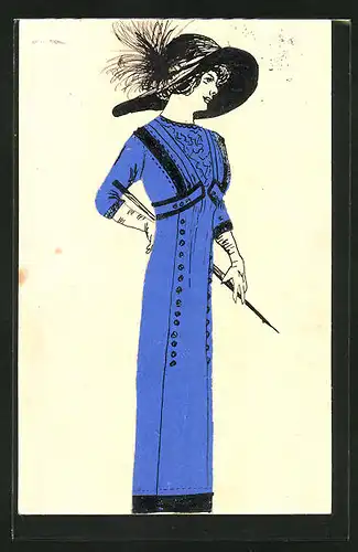 Künstler-AK Handgemalt: Elegante Dame im blauen Kleid mit Hut, Jugendstil