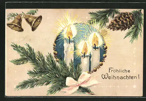 Präge-AK Fröhliche Weihnachten, brennende Kerzen am Tannenzweig
