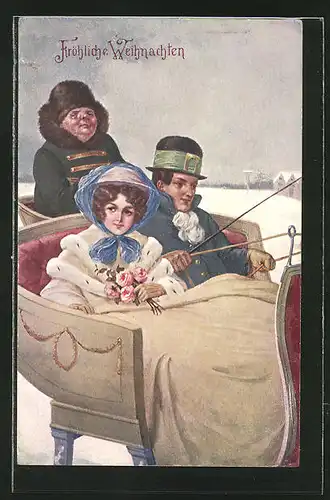 AK Fröhliche Weihnachten, Junge Frau mit Blumen zusammen mit zwei Männern in der Kutsche