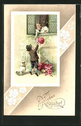 Präge-AK Neujahr, Junge mit Hund übergibt einen Blumenstrauss an ein Mädchen am Fenster