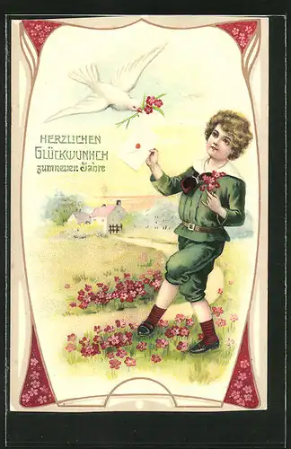 AK Neujahr, Junge mit Brief und Taube mit Blumen im Schnabel