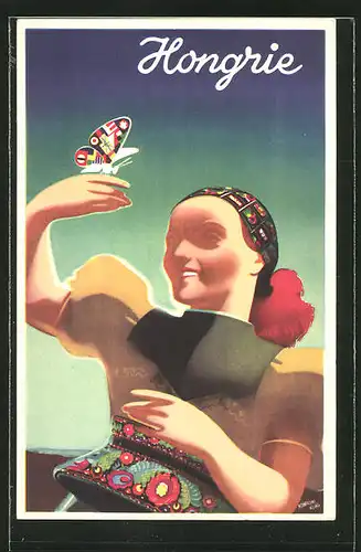 AK Tourismus-Werbung Ungarn, Frau mit "Flaggen"-Schmetterling, Art Deco