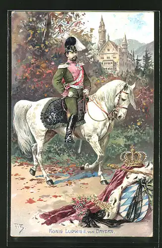 Künstler-AK Fritz Bergen: König Ludwig II. von Bayern in Uniform auf seinem Pferd
