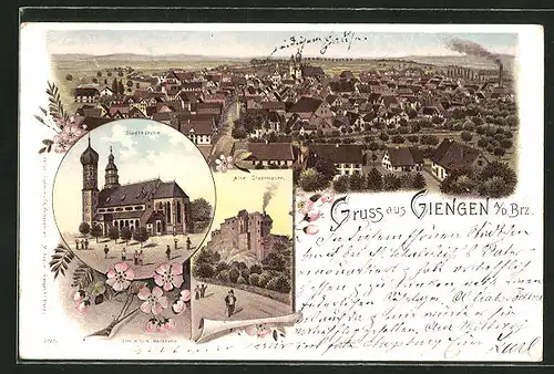 Lithographie Giengen, Totalansicht, Stadtkirche, Alte Stadtmauer