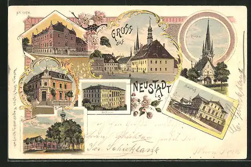 Lithographie Neustadt i. S., Kirche, Bahnhof, Post