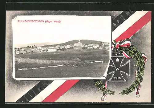 AK Ruhmannsfelden / Bayr. Wald, Totalansicht, Eisernes Kreuz 1914