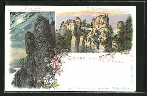 Lithographie Bastei, Bastei-Felsen in der Nacht, Bastei-Brücke