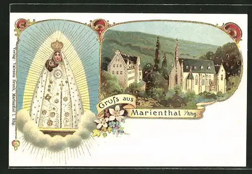 Lithographie Marienthal i. Rhg., Kirche am Wald und Gnadenbild mit Goldverzierungen