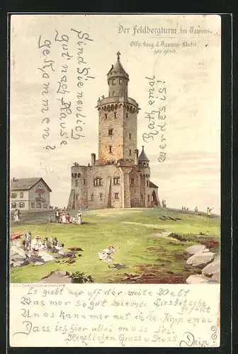 Lithographie Feldberg im Taunus, Ausflügler am Feldbergturm