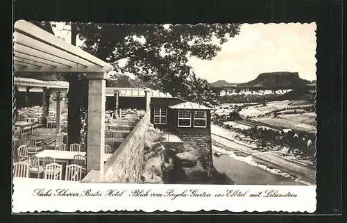 AK Bastei, Bastei Hotel von Wilhelm Hübel, Blick vom Pergola-Garten ins Elbtal mit Lilienstein
