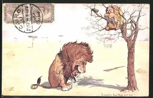 Künstler-AK Rudolf Pick: I wonder, how this will end!, Mann versteckt sich vor einem Löwen auf einem Baum