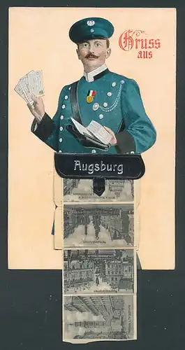 Leporello-AK Augsburg, Briefträger mit Ansichten in der Posttasche, Dom, Herkulesbrunnen