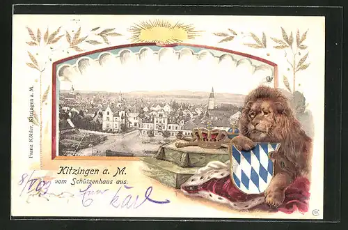 Passepartout-Lithographie Kitzingen, Ortsansicht vom Schützenhaus aus, Löwe mit Bayerischem Wappen