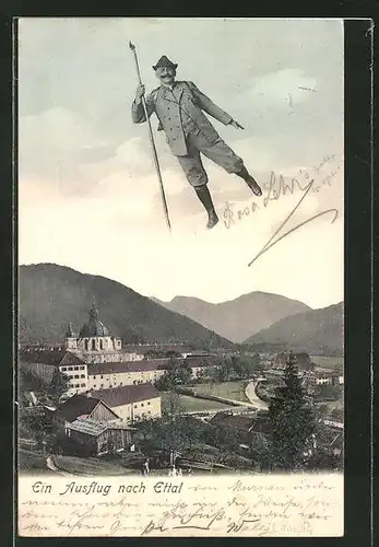 AK Ettal, Fliegender Mann über dem Kloster