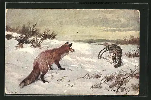 Künstler-AK Fuchs beobachtet eine Wildkatze in der Falle