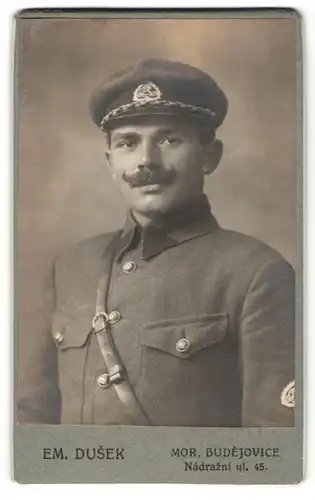 Fotografie Em. Dusek, Mor. Budejovice, Portrait Soldat in Uniform mit Schirmmütze