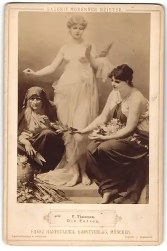 Fotografie Gemälde Die Parzen von P. Thumann, Dame in Akt spinnt Garn
