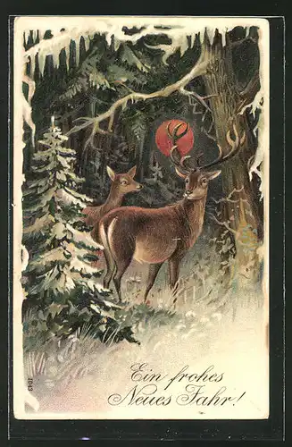 Präge-AK Ein frohes Neues Jahr!, Hirsche im dunklen Wald