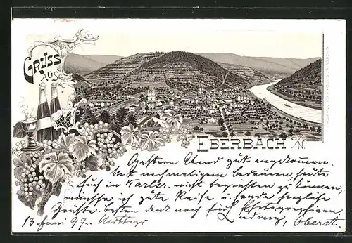 Lithographie Eberbach a. N., Panoramablick auf Ort und Landschaft
