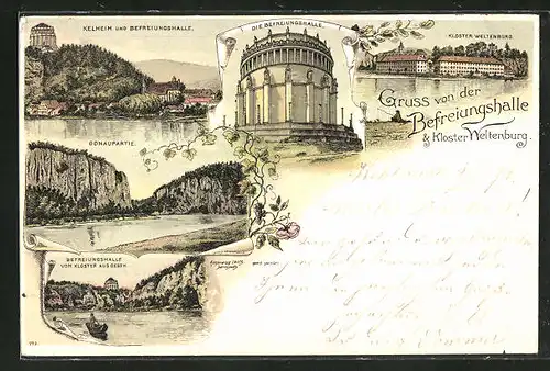Lithographie Kehlheim, Befreiungshalle, Kloster Weltenburg, Donaupartie