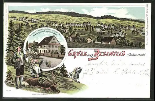 Lithographie Besenfeld i. Schwarzwald, Kaufmann Kappler, Aussteuer und Gemischtwaren, Ortsansicht