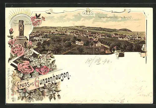 Lithographie Gunzenhausen, Kreuz im Altmühlthal, Östliche Ansicht der Ortschaft