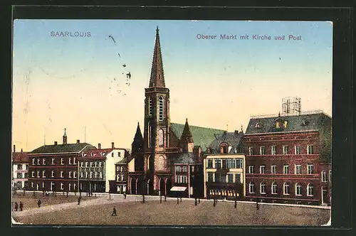 AK Saarlouis, Oberer Markt mit Kirche & Post