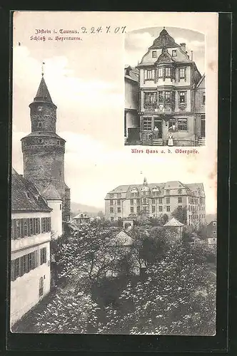 AK Idstein i. Taunus, Schloss & Hexenturm, Altes Haus a.d. Obergasse