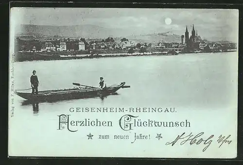 Mondschein-AK Geisenheim / Rheingau, Blick zum Ort, Ruderpartie
