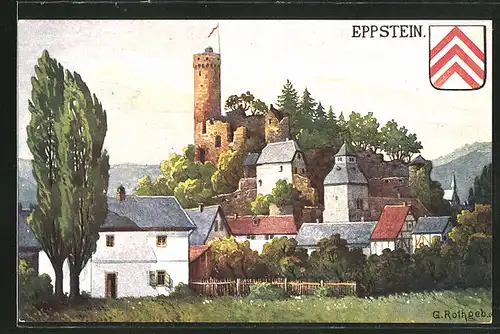 Künstler-AK Eppstein / Taunus, Burgruine mit besteigbarem Turm