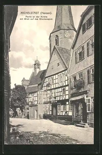 AK Michelstadt, Partie an der Kirche mit Blick auf das Glockenspiel