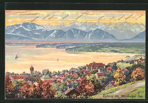 AK Tutzing am Starnberger See, Ortsansicht mit Benediktenwand, Scharfreiter, Glaswand, Rabenkopf, Seekarspitze