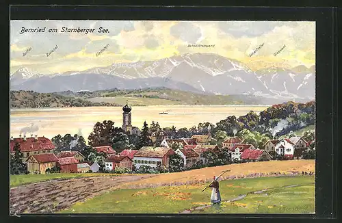 AK Bernried am Starnberger See, Totalansicht mit Juifan, Zwiesel, Kirchstein, Benediktenwand, Scharfreiter, Glaswand