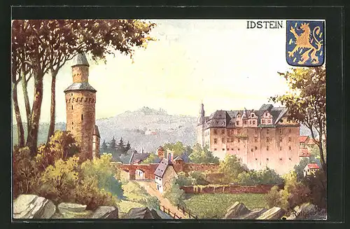 Künstler-AK Idstein, Blick zur Burg Etichestein