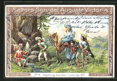AK Reklame für Selters-Sprudel Augusta Victoria, Jagdzug zur Zeit Ludwigs XIV.